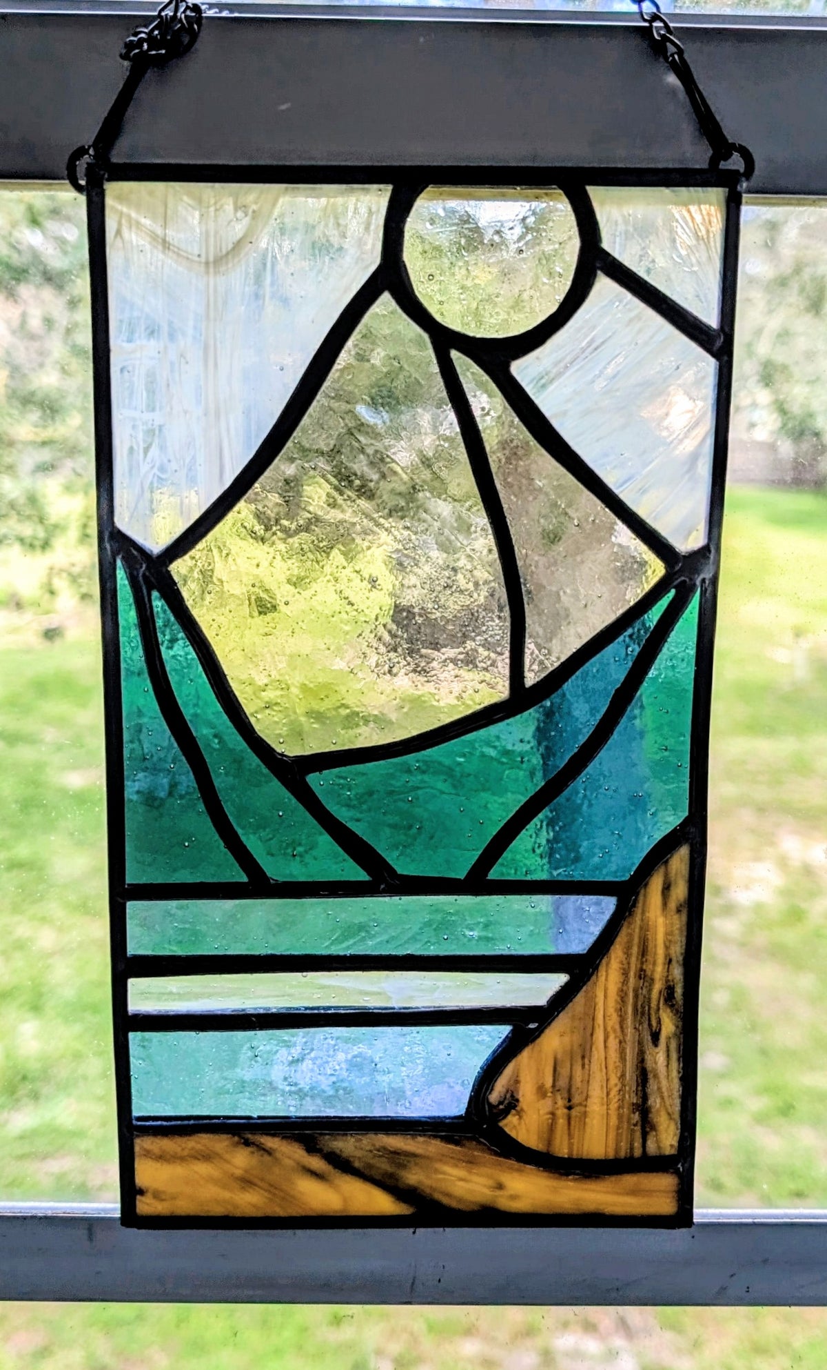 Stained Glass Boho Mountain & Sea Panel (5.5W x 8.5H)