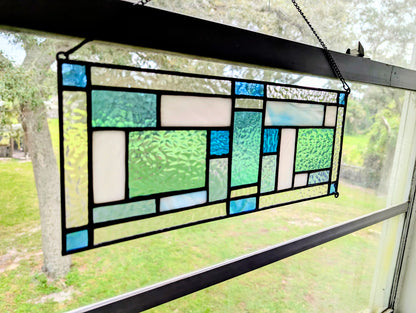 Modern Geometric Stained Glass Panel (16W x 6H) - Horizontal or Vertical