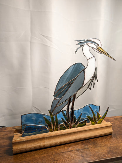 Stained Glass Blue Heron with Marsh and Water, Freestanding 5 piece set