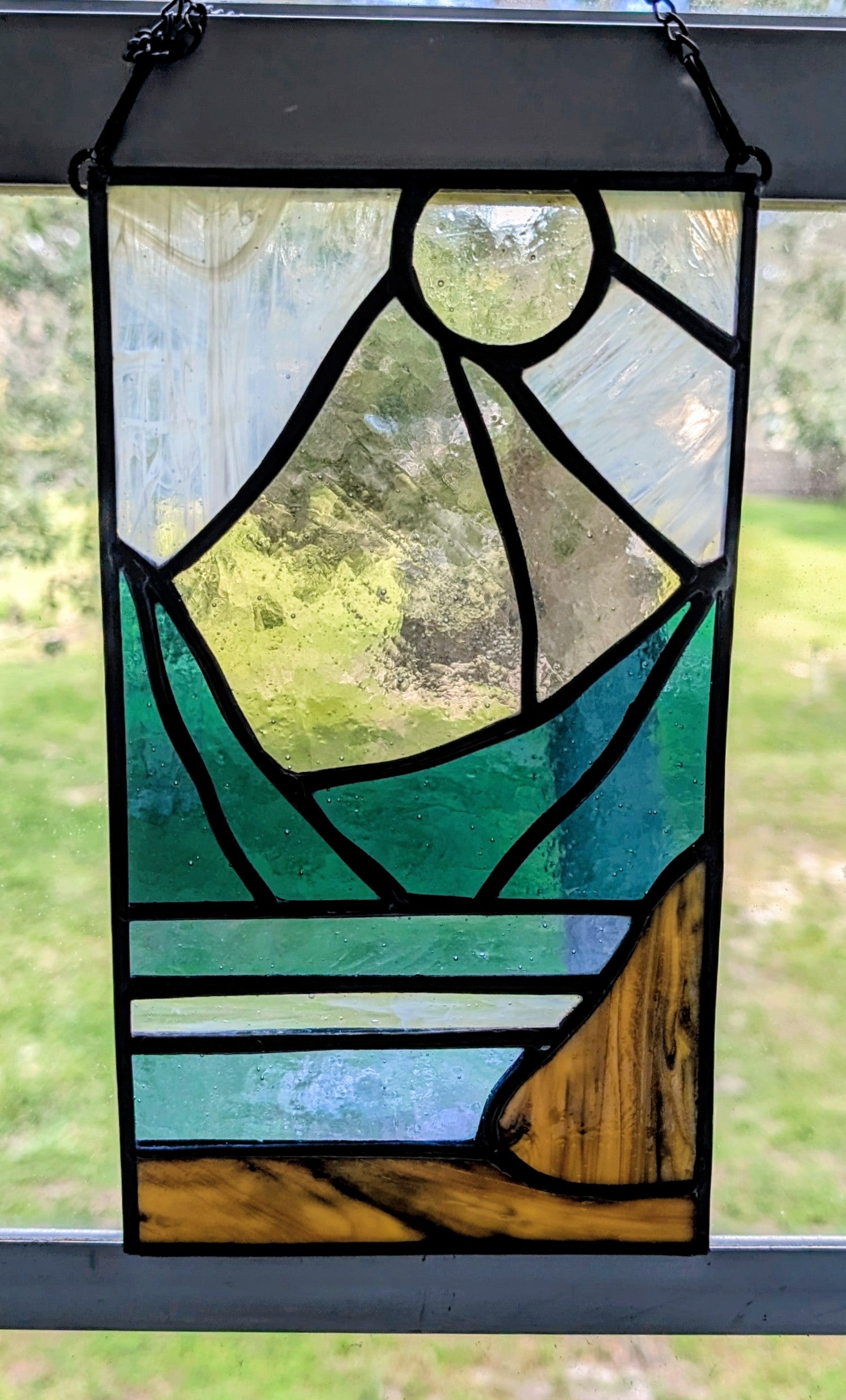 Stained Glass Mountain Suncatcher Panel, Sunset Landscape Window Hanging Art, Boho Cabin Decor, Lake House Panel Art, 5.5x8.5.