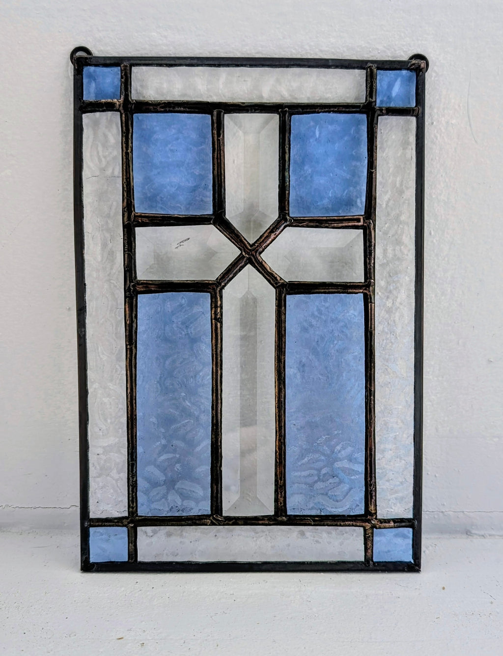 Stained Glass Beveled Cross Panel, Handmade Christian Window Hanging,  Blue & Clear Glass Suncatcher, Came Border Faith Decor or Gift, 6x9