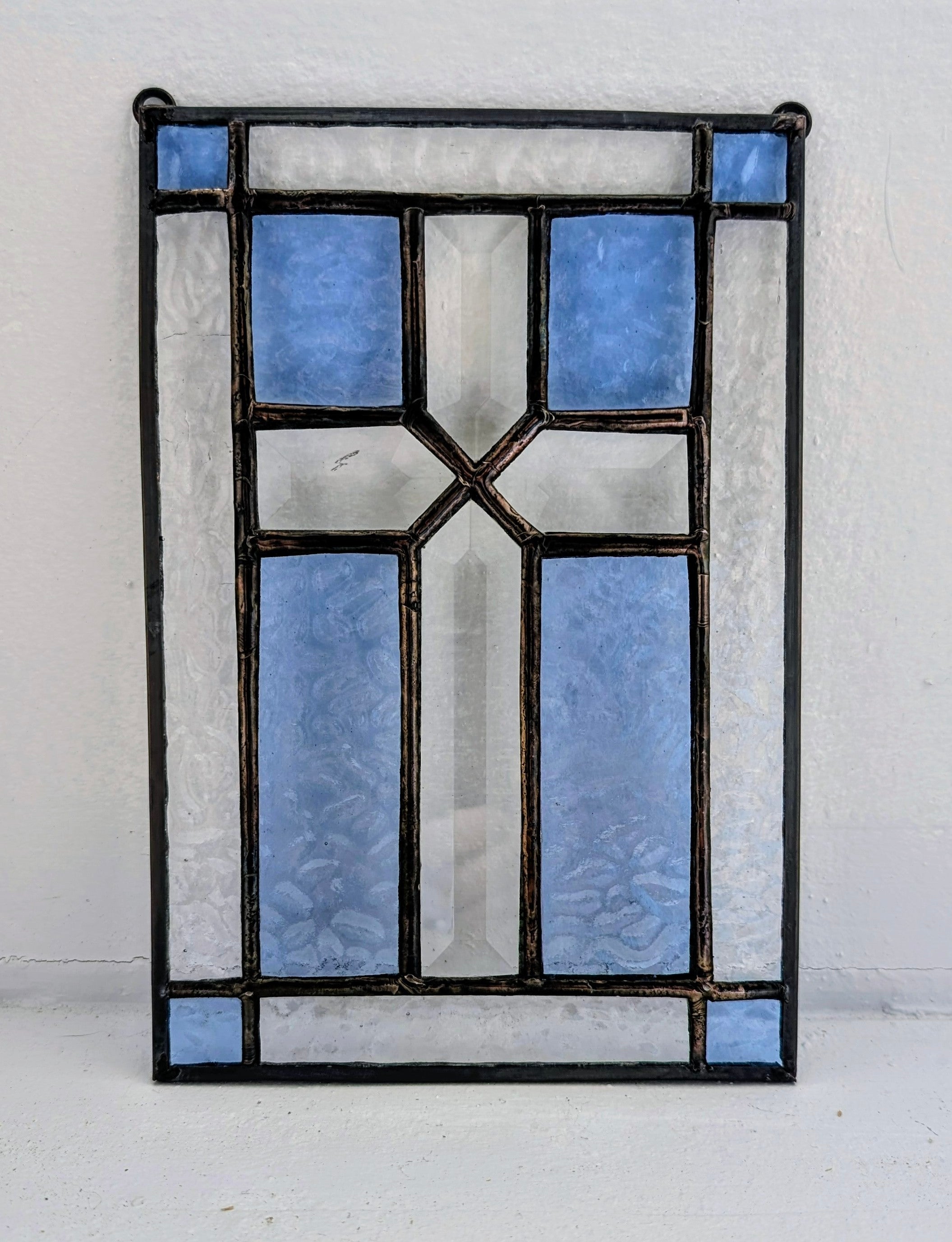 Stained Glass Beveled Cross Panel, Handmade Christian Window Hanging,  Blue & Clear Glass Suncatcher, Came Border Faith Decor or Gift, 6x9