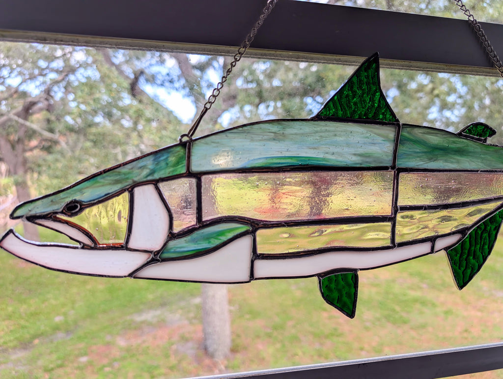 Stained Glass Lake Trout Suncatcher, Freshwater Fishing Gift for Men, Great Lakes Cabin Window Decor, Lake House Luxury Art Panel (20x8)