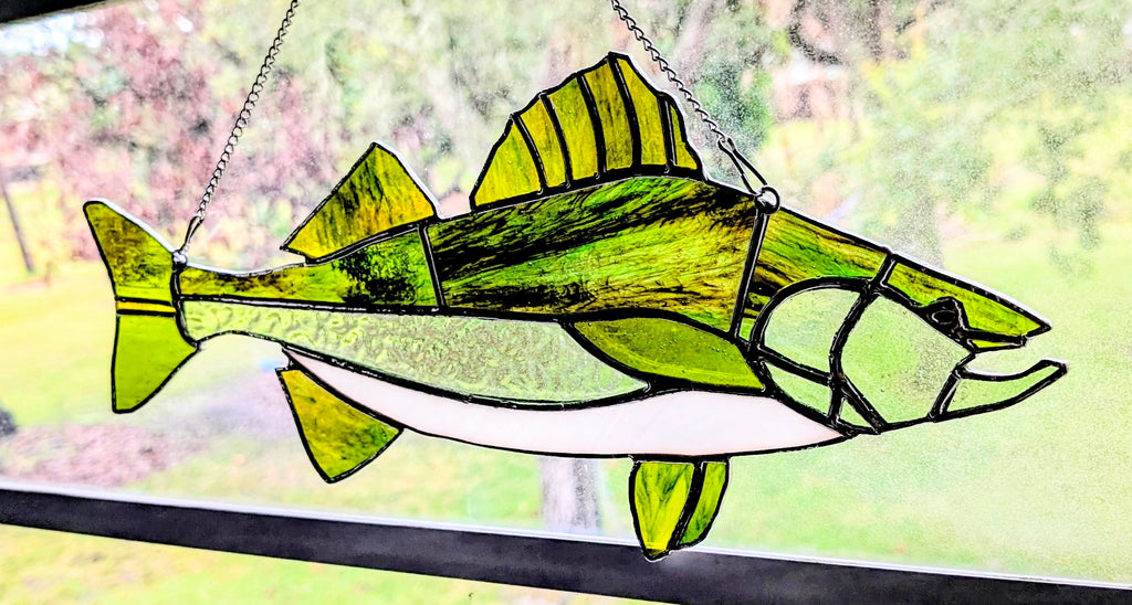 Stained Glass Walleye Fish Suncatcher, Freshwater Sportfishing Home Decor, Cabin Window Decor, Lake House Luxury Art Panel (18x8)