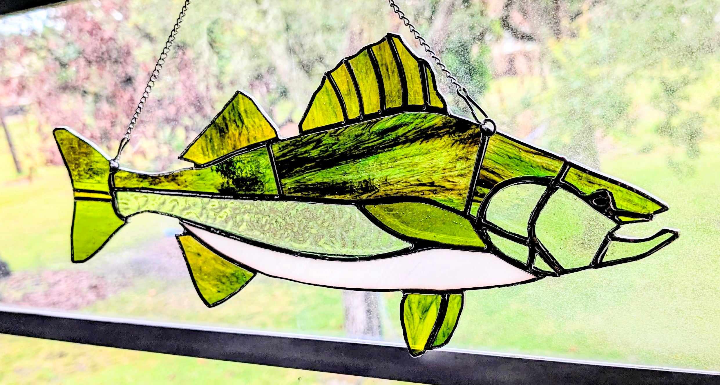 Stained Glass Walleye Fish Suncatcher, Freshwater Sportfishing Home Decor, Cabin Window Decor, Lake House Luxury Art Panel (18x8)