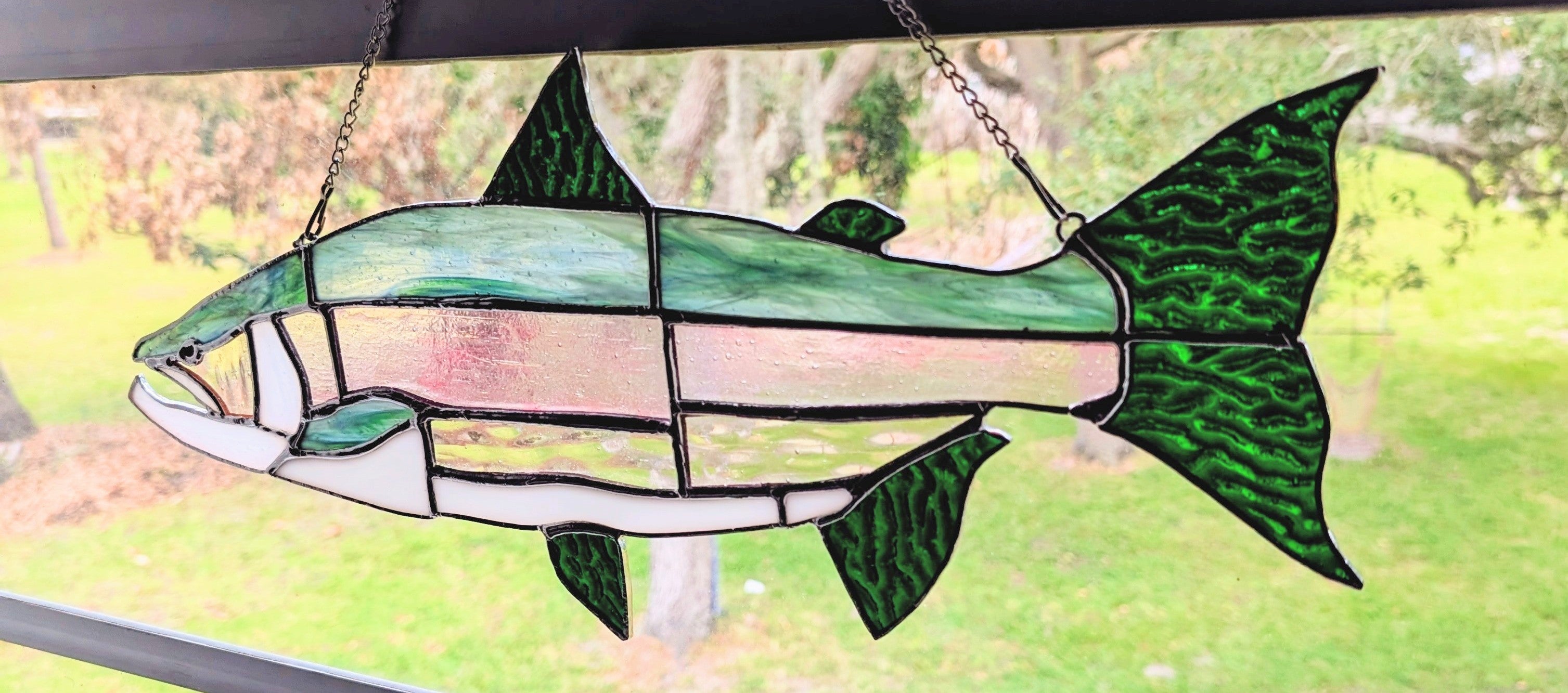 Stained Glass Lake Trout Suncatcher, Freshwater Fishing Gift for Men, Great Lakes Cabin Window Decor, Lake House Luxury Art Panel (20x8)