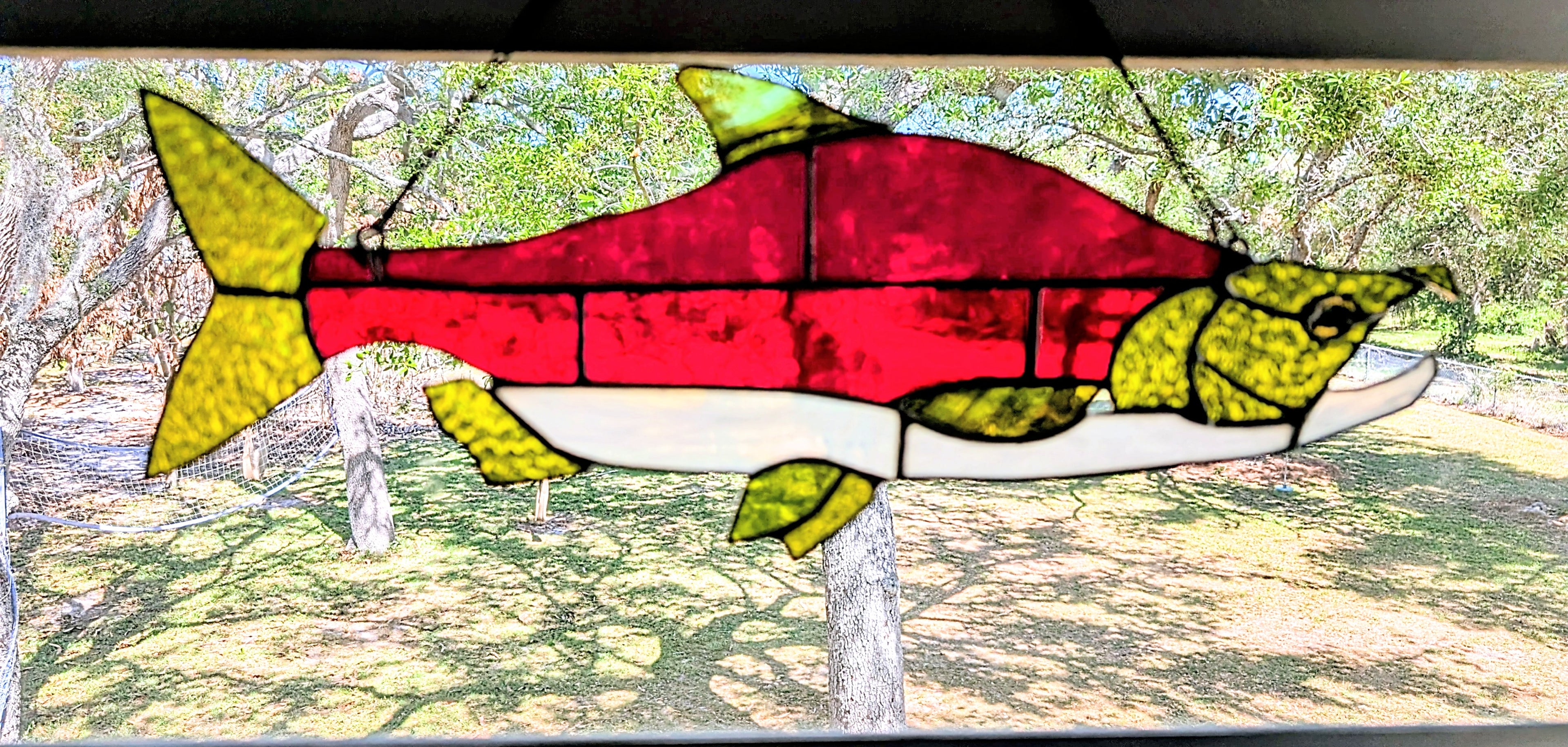Stained Glass Sockeye Salmon Suncatcher – Vibrant River Fish Wall Art & Lake House Decor, Freshwater Sportfishing Gift (18Wx7H)