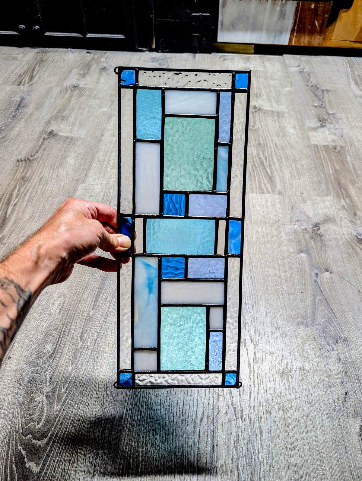 Modern Geometric Stained Glass Panel (16W x 6H) - Horizontal or Vertical