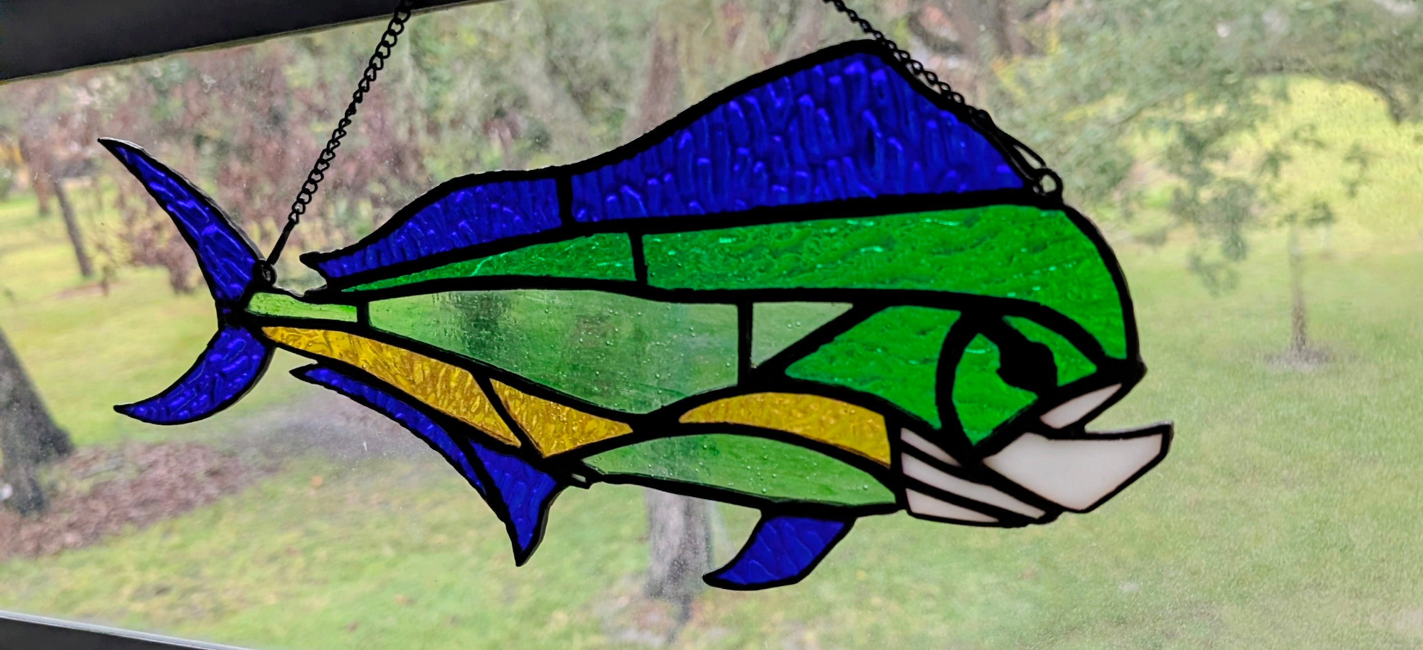 Stained Glass Mahi Mahi Fish Suncatcher, Coastal Window Art Hanging Panel, Saltwater Sportfish Wall Decor, Coastal Window Hanging, 17W x 8H
