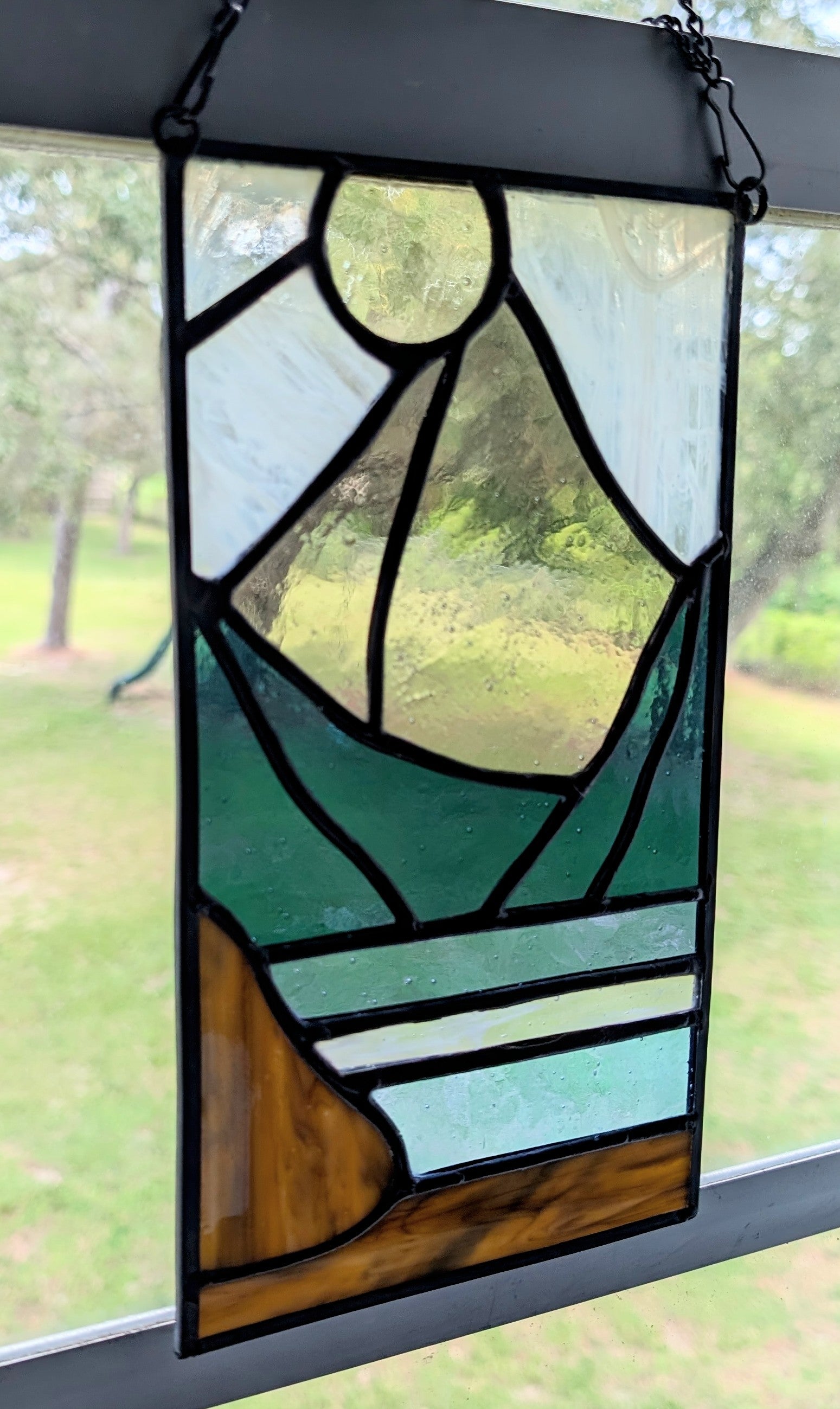 Stained Glass Mountain Suncatcher Panel, Sunset Landscape Window Hanging Art, Boho Cabin Decor, Lake House Panel Art, 5.5x8.5.