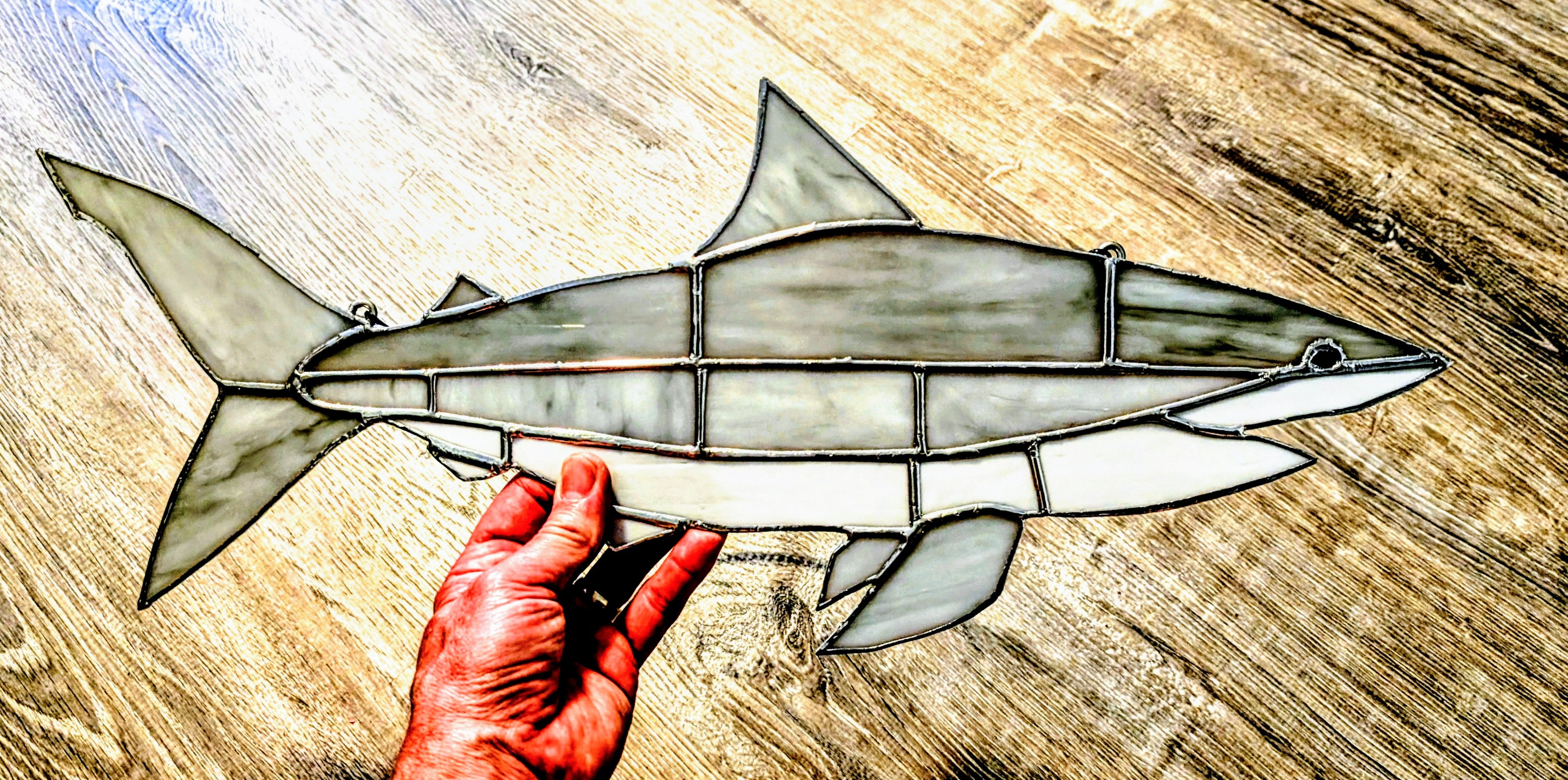 Stained Glass Mako Shark Suncatcher, Saltwater Fishing Gift, Modern Beach House Window Art, Coastal Marine Wildlife Decor Panel (21x7)