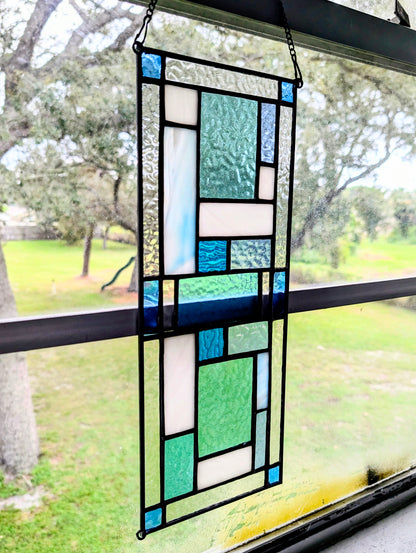 Modern Geometric Stained Glass Panel (16W x 6H) - Horizontal or Vertical