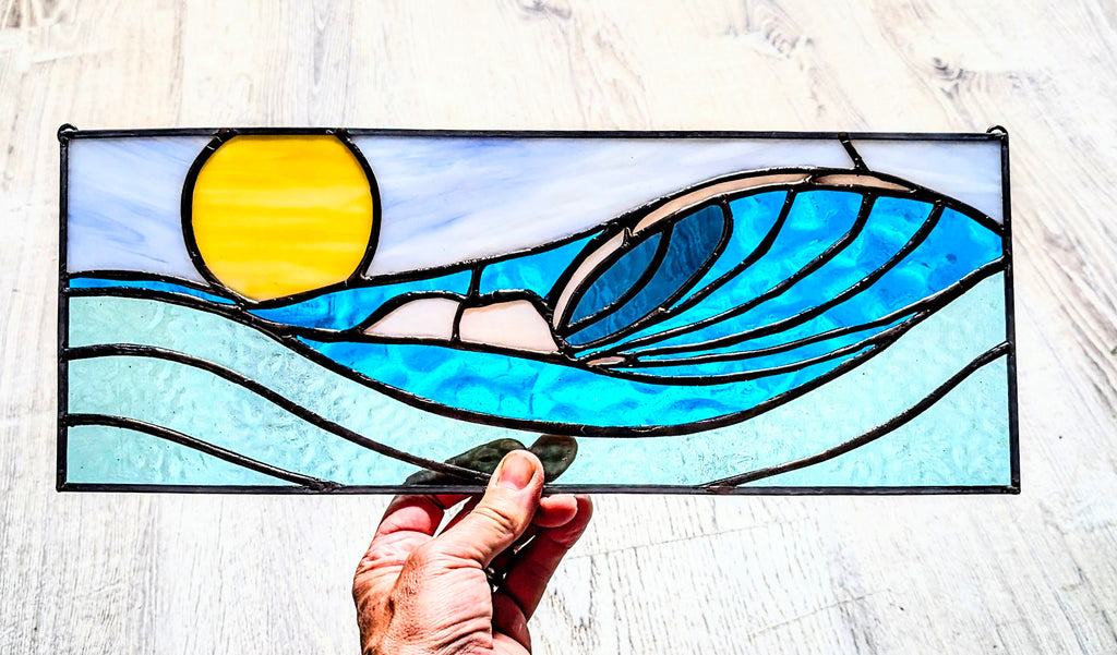 Handmade Stained Glass Ocean Wave Window Panel - Sunset Seascape Landscape Wall Art - 16x7 Luxury Coastal Beach House Decor