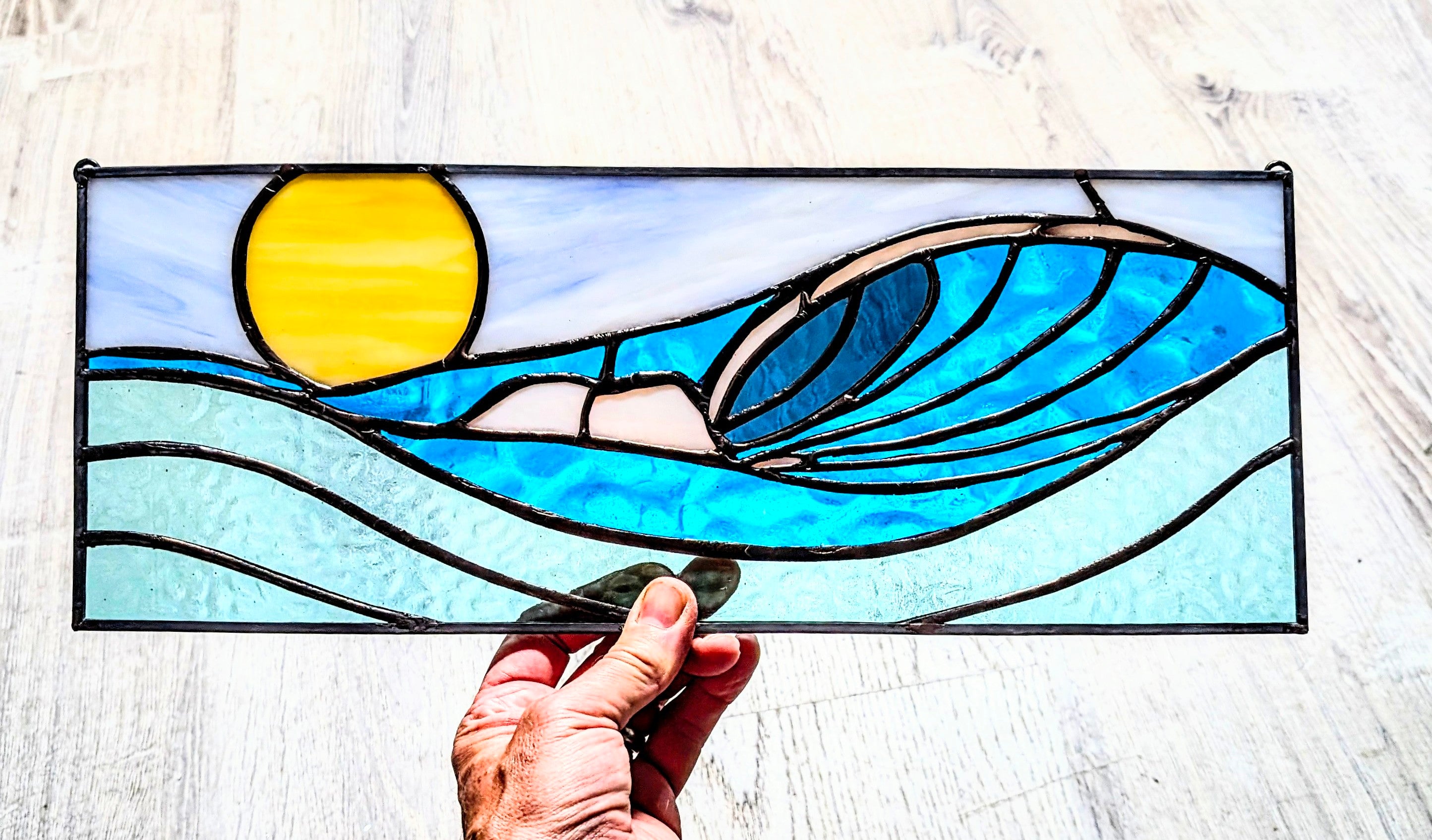 Handmade Stained Glass Ocean Wave Window Panel - Sunset Seascape Landscape Wall Art - 16x7 Luxury Coastal Beach House Decor
