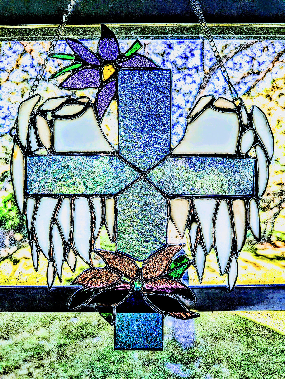 Stained Glass Cross with Angel Wings & Flowers (9W x 11H)