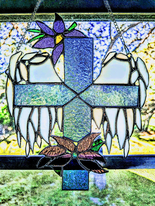 Stained Glass Cross with Angel Wings & Flowers (9W x 11H)