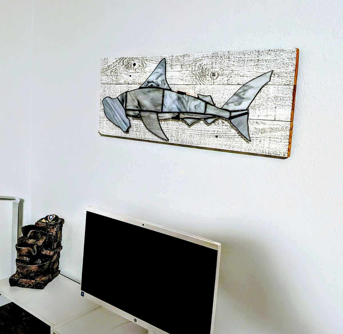 Stained Glass Hammerhead Shark on Driftwood Mount (26Wx10H)