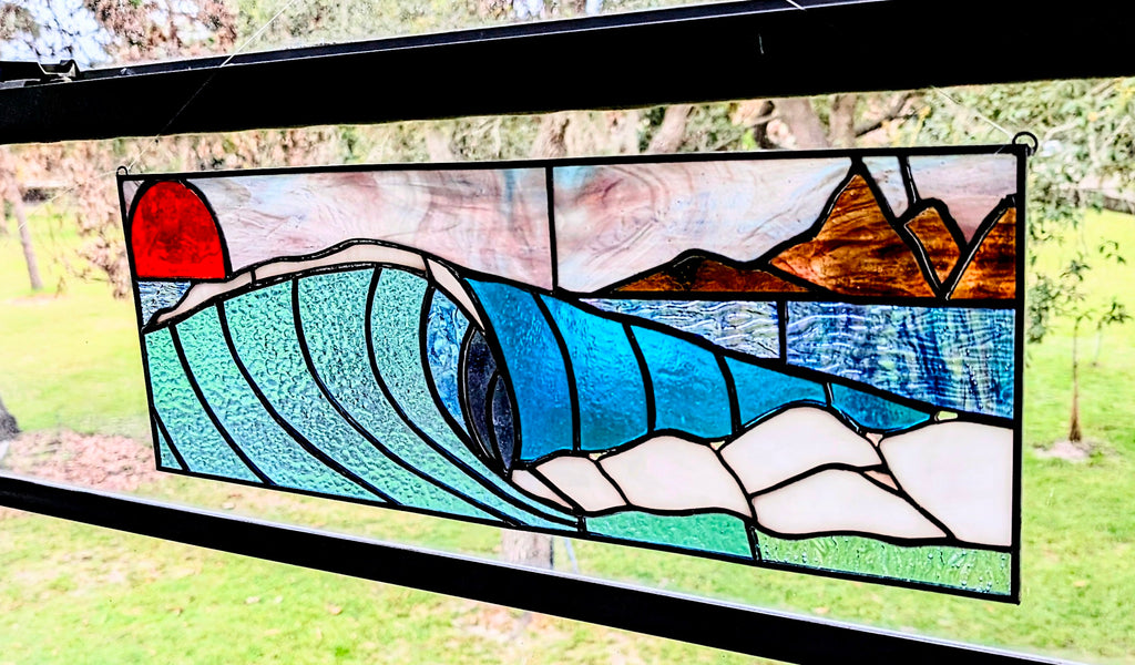 Handmade Stained Glass Ocean Wave Window Panel - Sunset Seascape Landscape Wall Art - 21x8 Luxury Coastal Beach House Decor