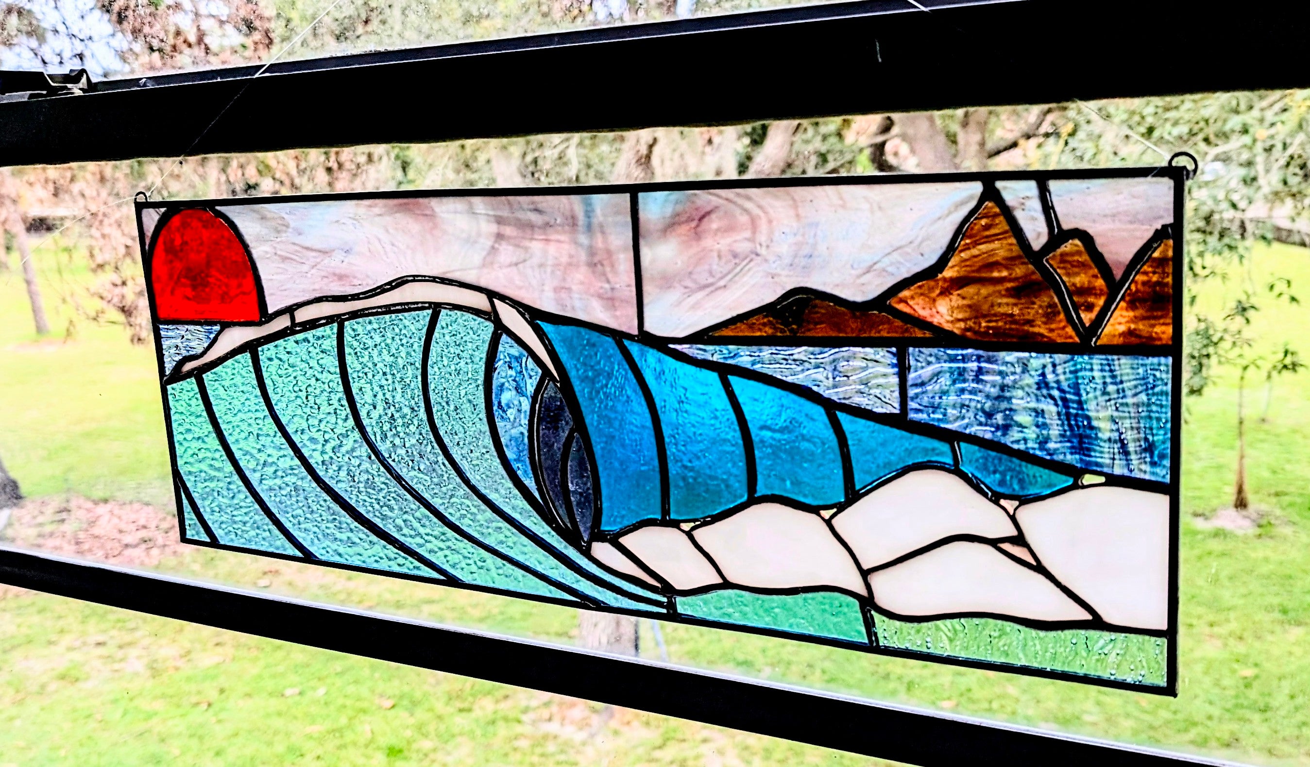 Handmade Stained Glass Ocean Wave Window Panel - Sunset Seascape Landscape Wall Art - 21x8 Luxury Coastal Beach House Decor