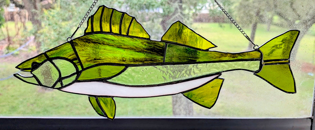 Stained Glass Walleye Fish Suncatcher, Freshwater Sportfishing Home Decor, Cabin Window Decor, Lake House Luxury Art Panel (18x8)