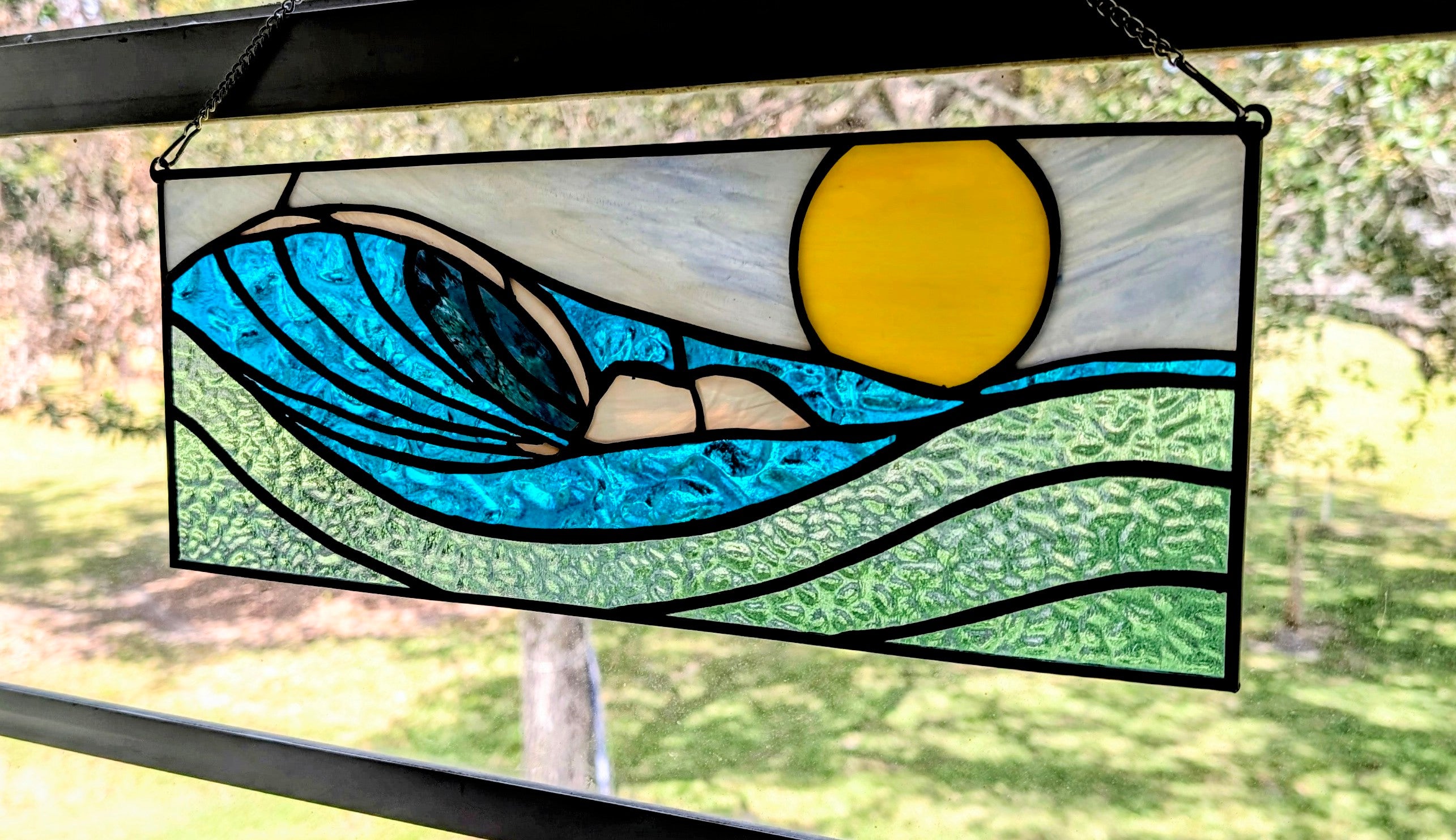 Handmade Stained Glass Ocean Wave Window Panel - Sunset Seascape Landscape Wall Art - 16x7 Luxury Coastal Beach House Decor