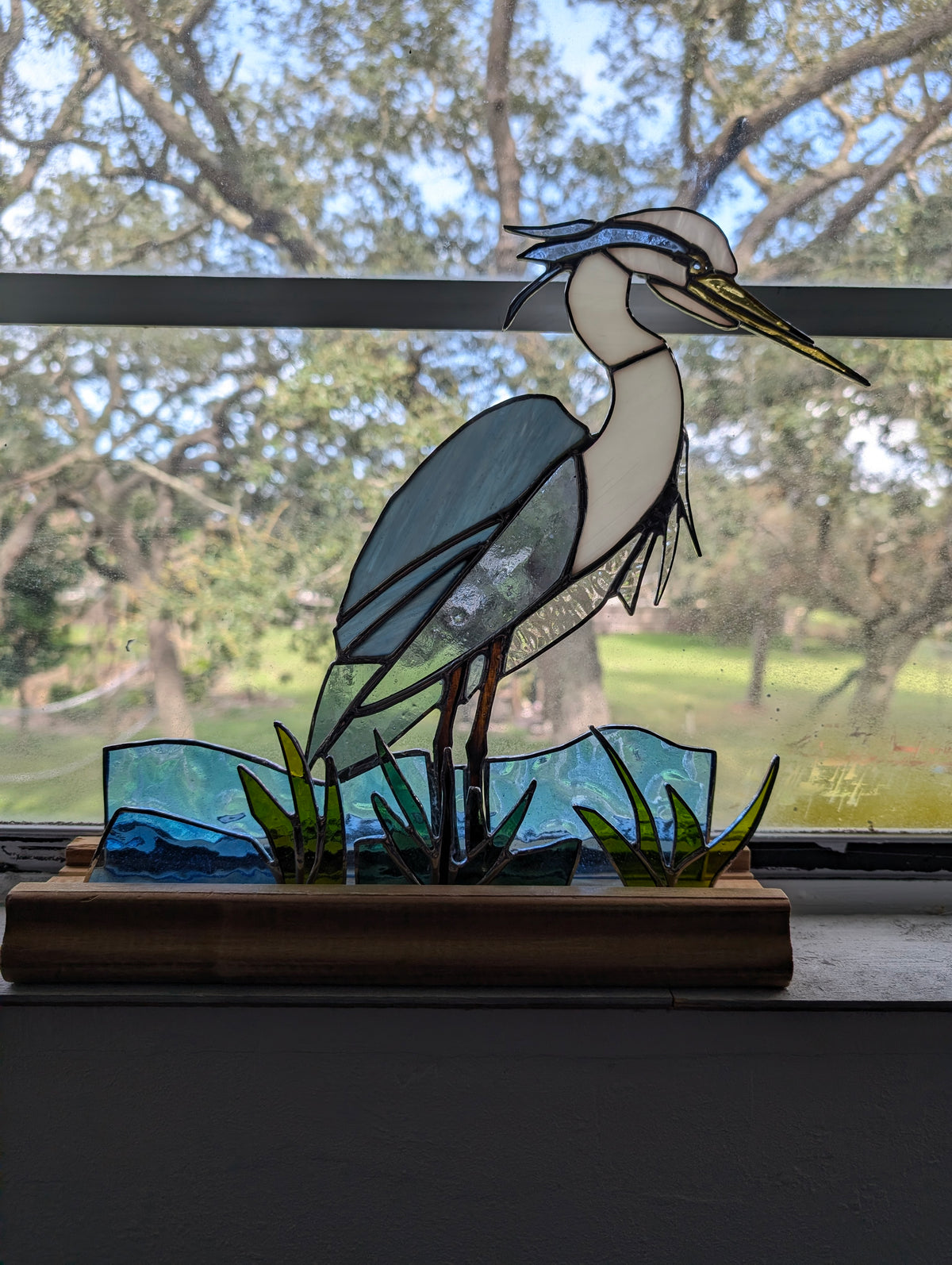 Stained Glass Blue Heron with Marsh and Water, Freestanding 5 piece set