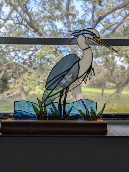 Stained Glass Blue Heron with Marsh and Water, Freestanding 5 piece set