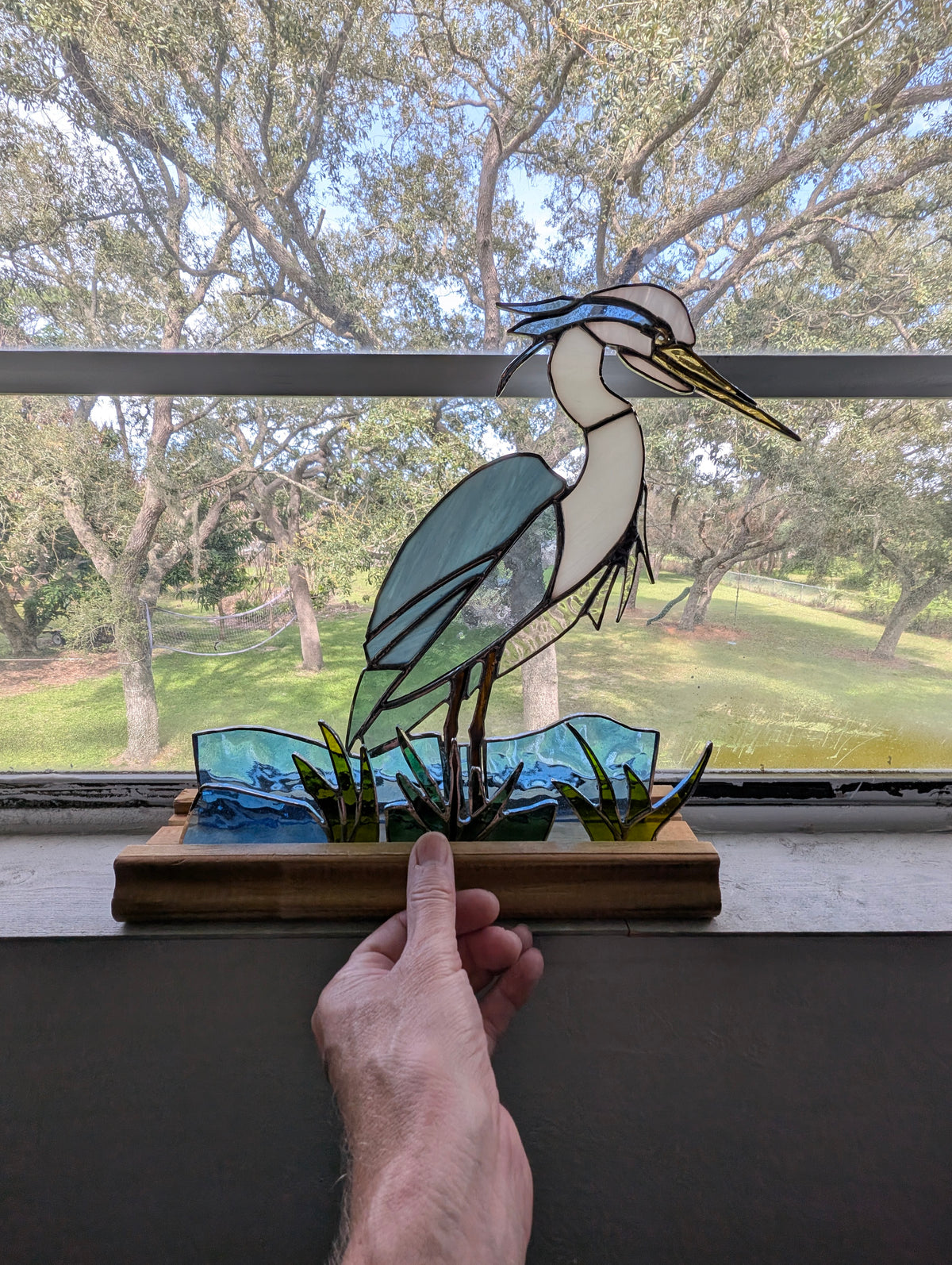 Stained Glass Blue Heron with Marsh and Water, Freestanding 5 piece set