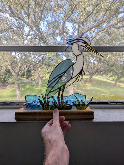 Stained Glass Blue Heron with Marsh and Water, Freestanding 5 piece set