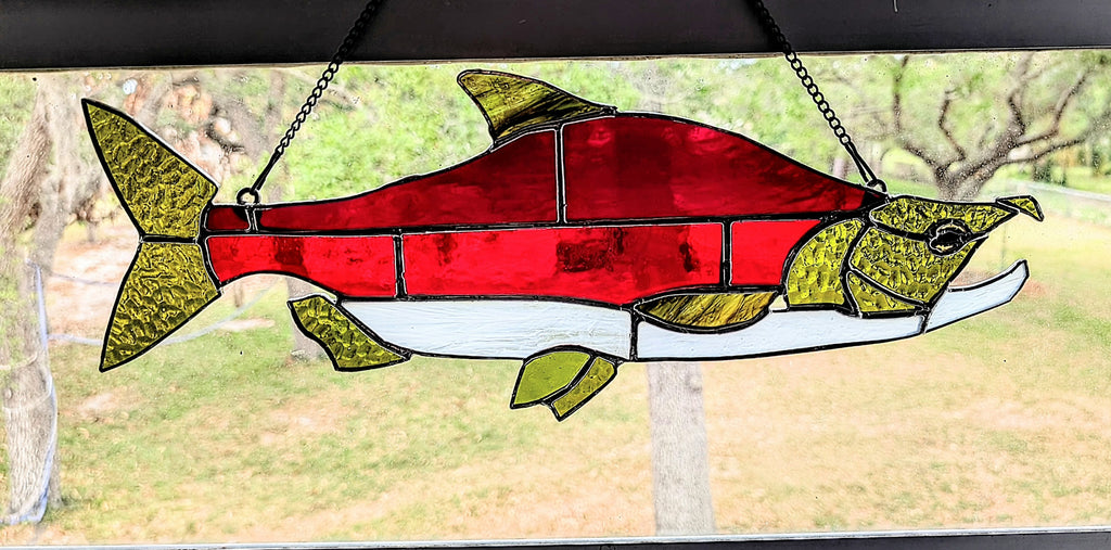 Stained Glass Sockeye Salmon Suncatcher – Vibrant River Fish Wall Art & Lake House Decor, Freshwater Sportfishing Gift (18Wx7H)