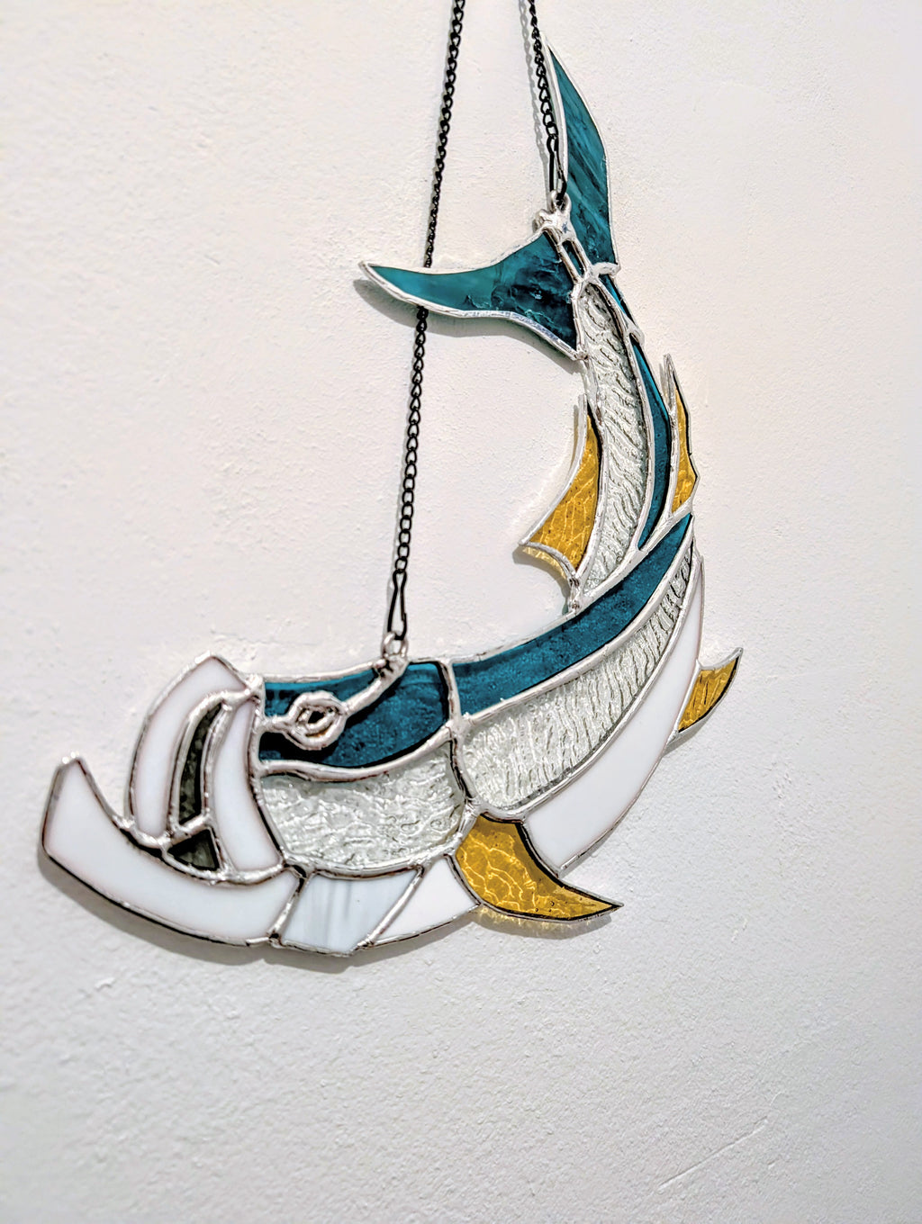 Stained Glass Tarpon Fish Suncatcher, Sportfishing Gift for Men, Coastal Beach House Window Decor, Florida Fly Fishing Art Panel (12W x 13H)