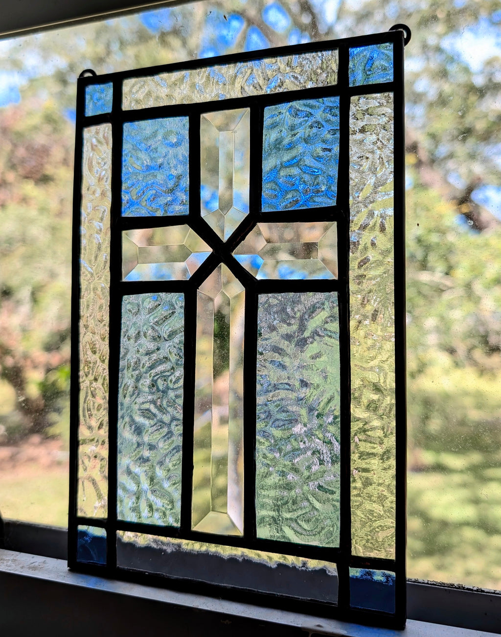 Stained Glass Beveled Cross Panel, Handmade Christian Window Hanging,  Blue & Clear Glass Suncatcher, Came Border Faith Decor or Gift, 6x9