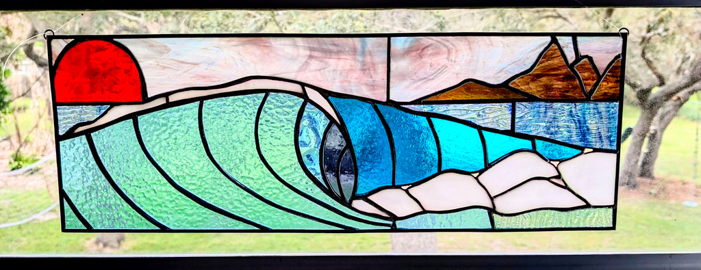 Handmade Stained Glass Ocean Wave Window Panel - Sunset Seascape Landscape Wall Art - 21x8 Luxury Coastal Beach House Decor