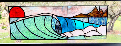 Large Stained Glass Barreling Wave with Sunset Panel (21W x 8H)