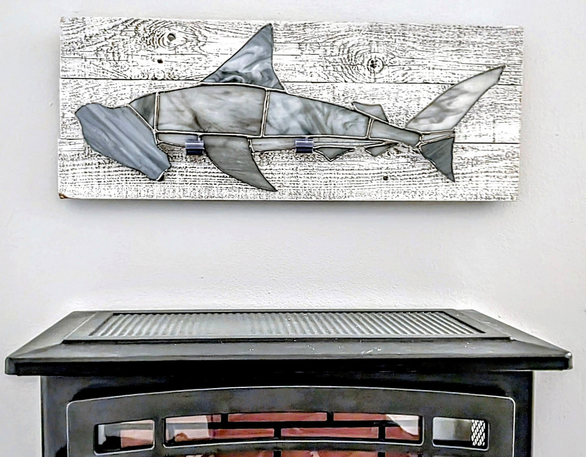 Stained Glass Hammerhead Shark on Driftwood Mount (26Wx10H)