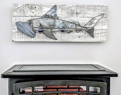 Stained Glass Hammerhead Shark on Driftwood Mount (26Wx10H)