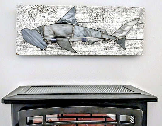 Stained Glass Hammerhead Shark on Driftwood Mount (26Wx10H)