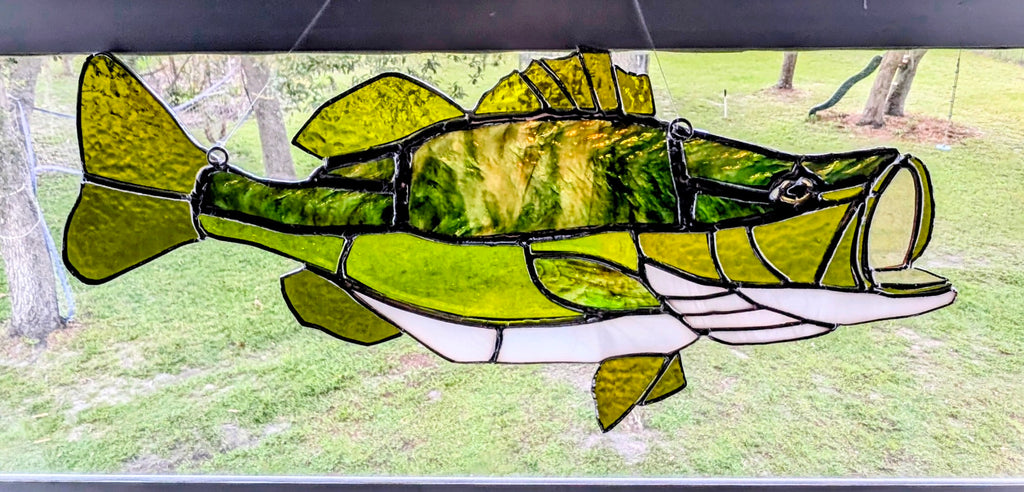 Stained Glass Largemouth Bass Suncatcher, Premium Herringbone Glass Fish Art, Luxury Cabin & Lake House Decor, 18x9