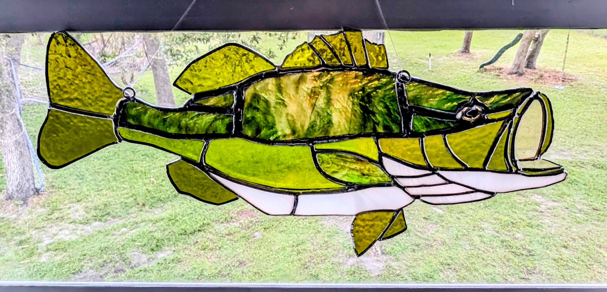 Stained Glass Largemouth Bass Suncatcher, Premium Herringbone Glass Fish Art, Luxury Cabin & Lake House Decor, 18x9