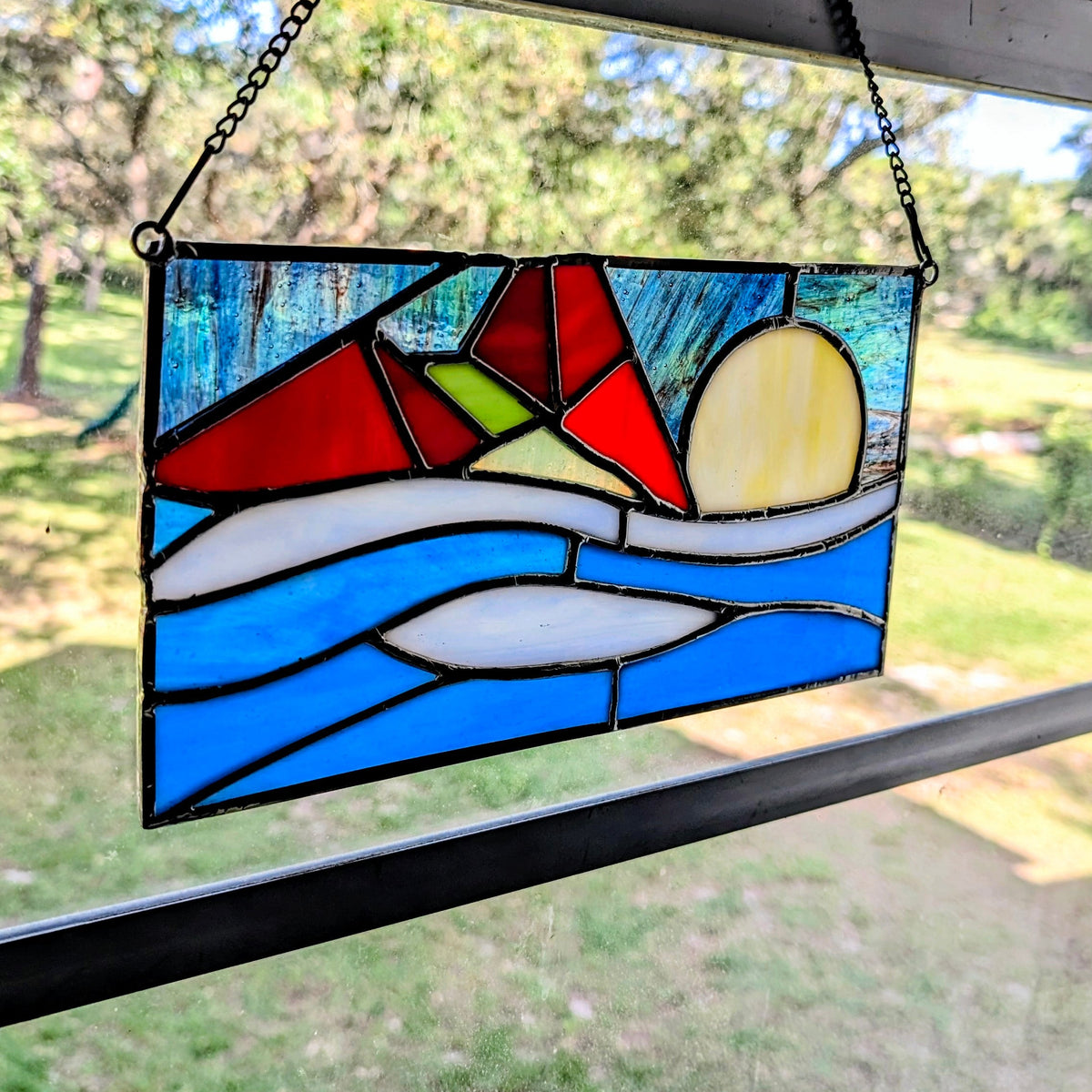 Abstract Geometric Stained Glass Panel (11W x 6H)