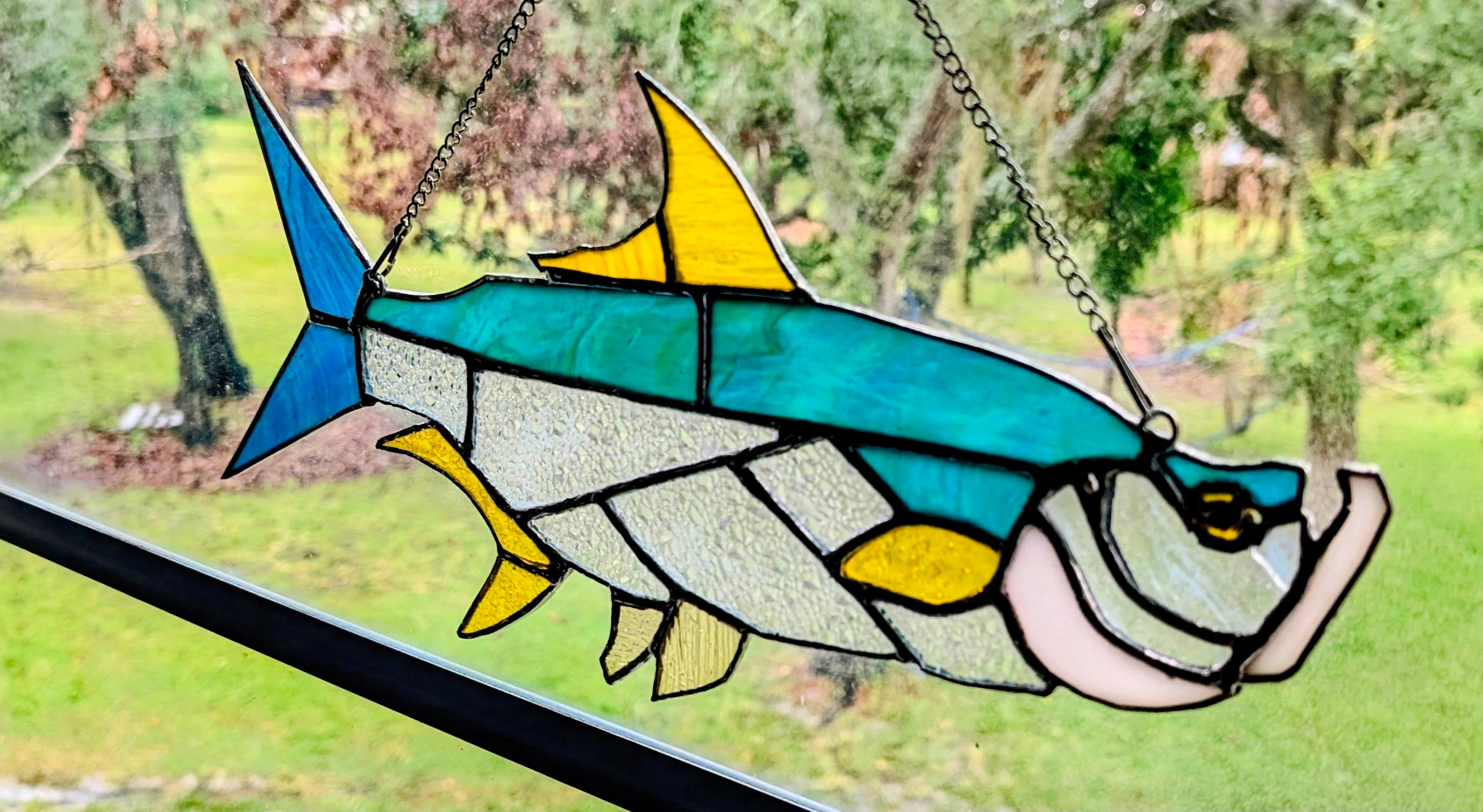 Stained Glass Tarpon Fish Suncatcher, Sportfishing Gift, Coastal Beach House Window Decor, Florida Fly Fishing Art Panel (16W x 7H)