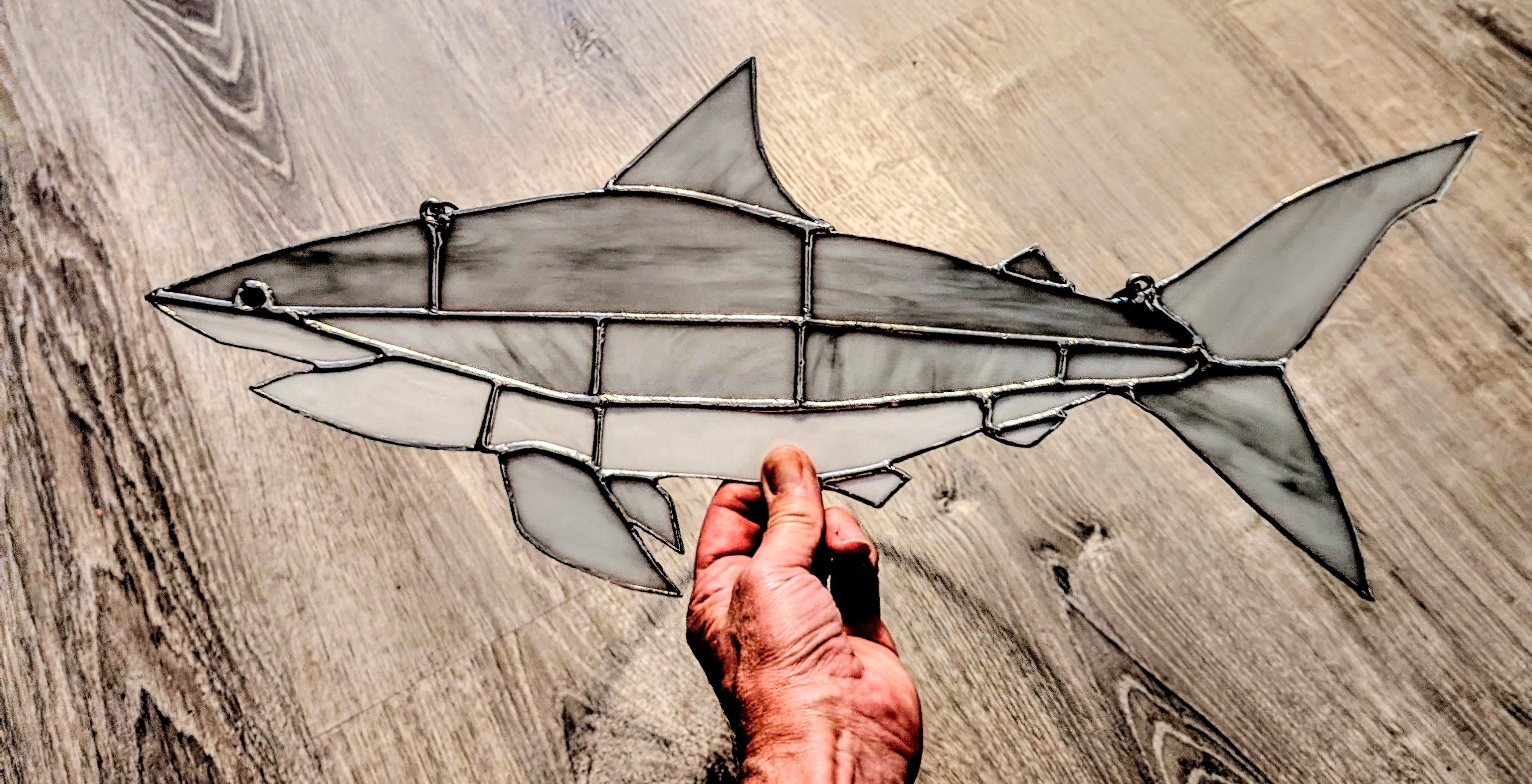 Stained Glass Mako Shark Suncatcher, Saltwater Fishing Gift, Modern Beach House Window Art, Coastal Marine Wildlife Decor Panel (21x7)