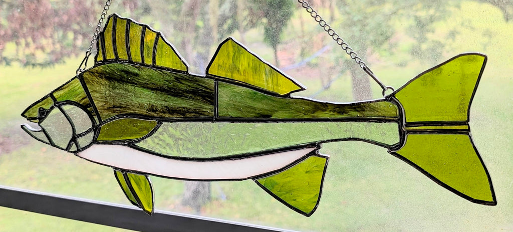 Stained Glass Walleye Fish Suncatcher, Freshwater Sportfishing Home Decor, Cabin Window Decor, Lake House Luxury Art Panel (18x8)