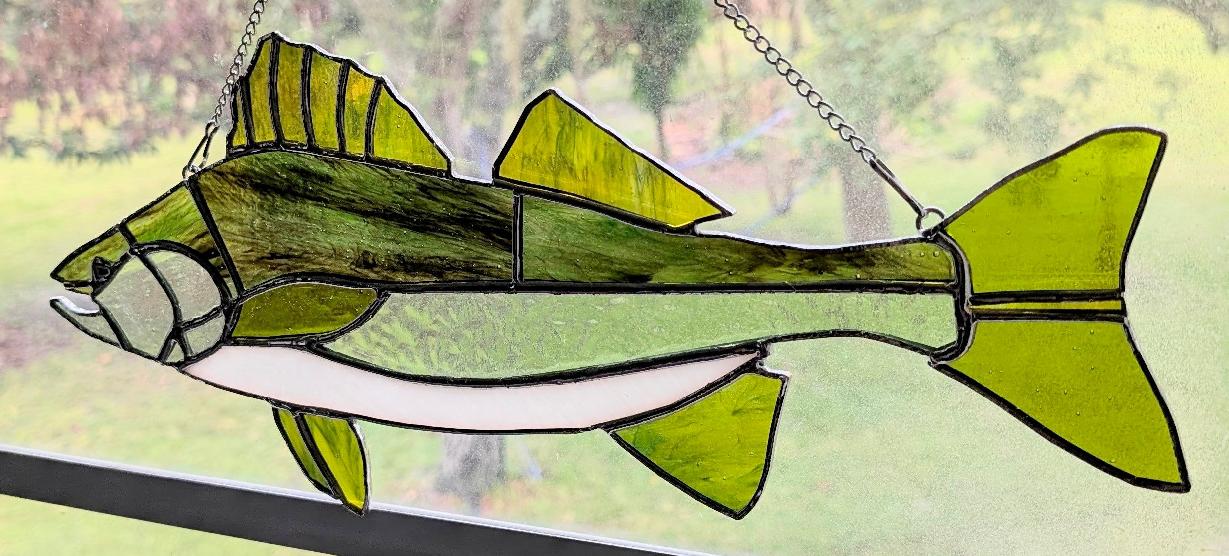 Stained Glass Walleye Fish Suncatcher, Freshwater Sportfishing Home Decor, Cabin Window Decor, Lake House Luxury Art Panel (18x8)