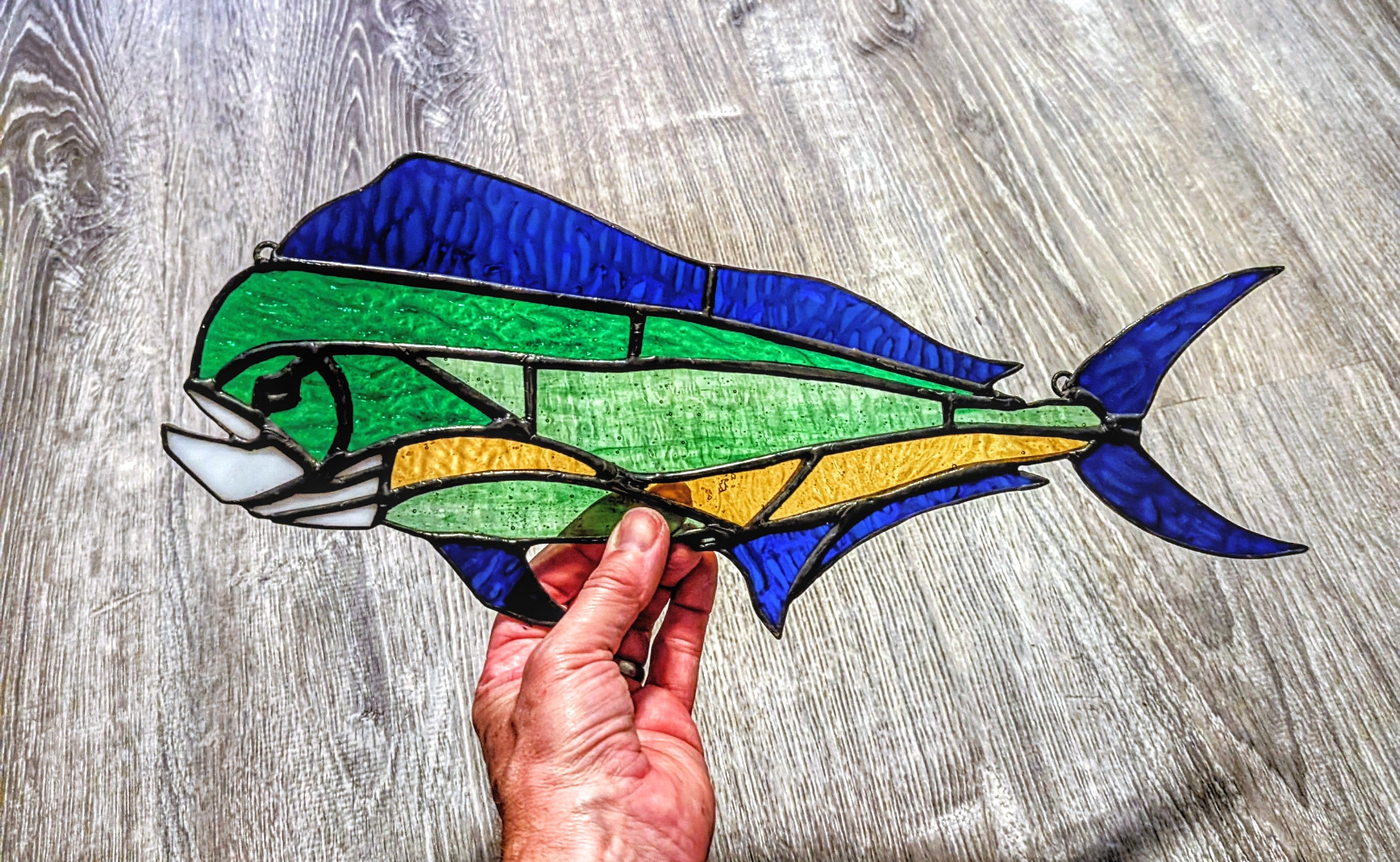Stained Glass Mahi Mahi Fish Suncatcher, Coastal Window Art Hanging Panel, Saltwater Sportfish Wall Decor, Coastal Window Hanging, 17W x 8H