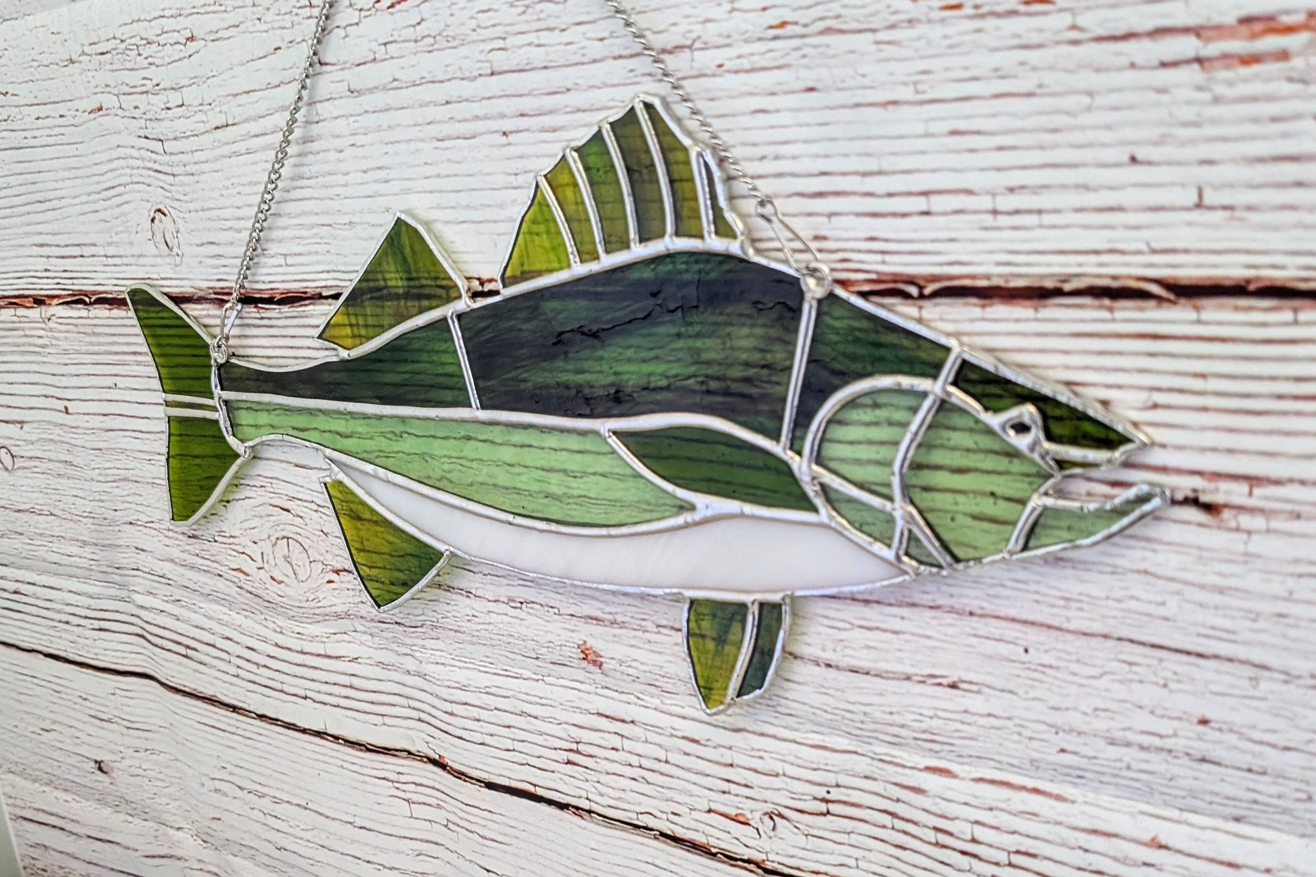 Stained Glass Walleye Fish Suncatcher, Freshwater Sportfishing Home Decor, Cabin Window Decor, Lake House Luxury Art Panel (18x8)