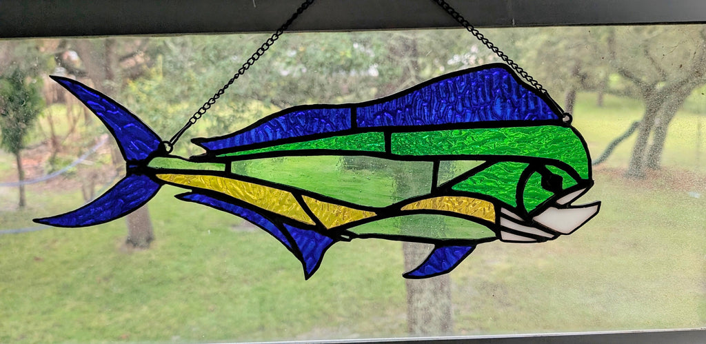 Stained Glass Mahi Mahi Fish Suncatcher, Coastal Window Art Hanging Panel, Saltwater Sportfish Wall Decor, Coastal Window Hanging, 17W x 8H