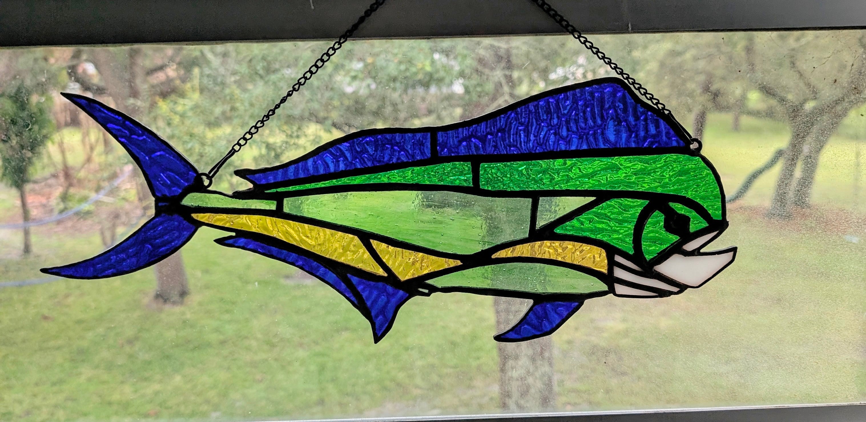 Stained Glass Mahi Mahi Fish Suncatcher, Coastal Window Art Hanging Panel, Saltwater Sportfish Wall Decor, Coastal Window Hanging, 17W x 8H