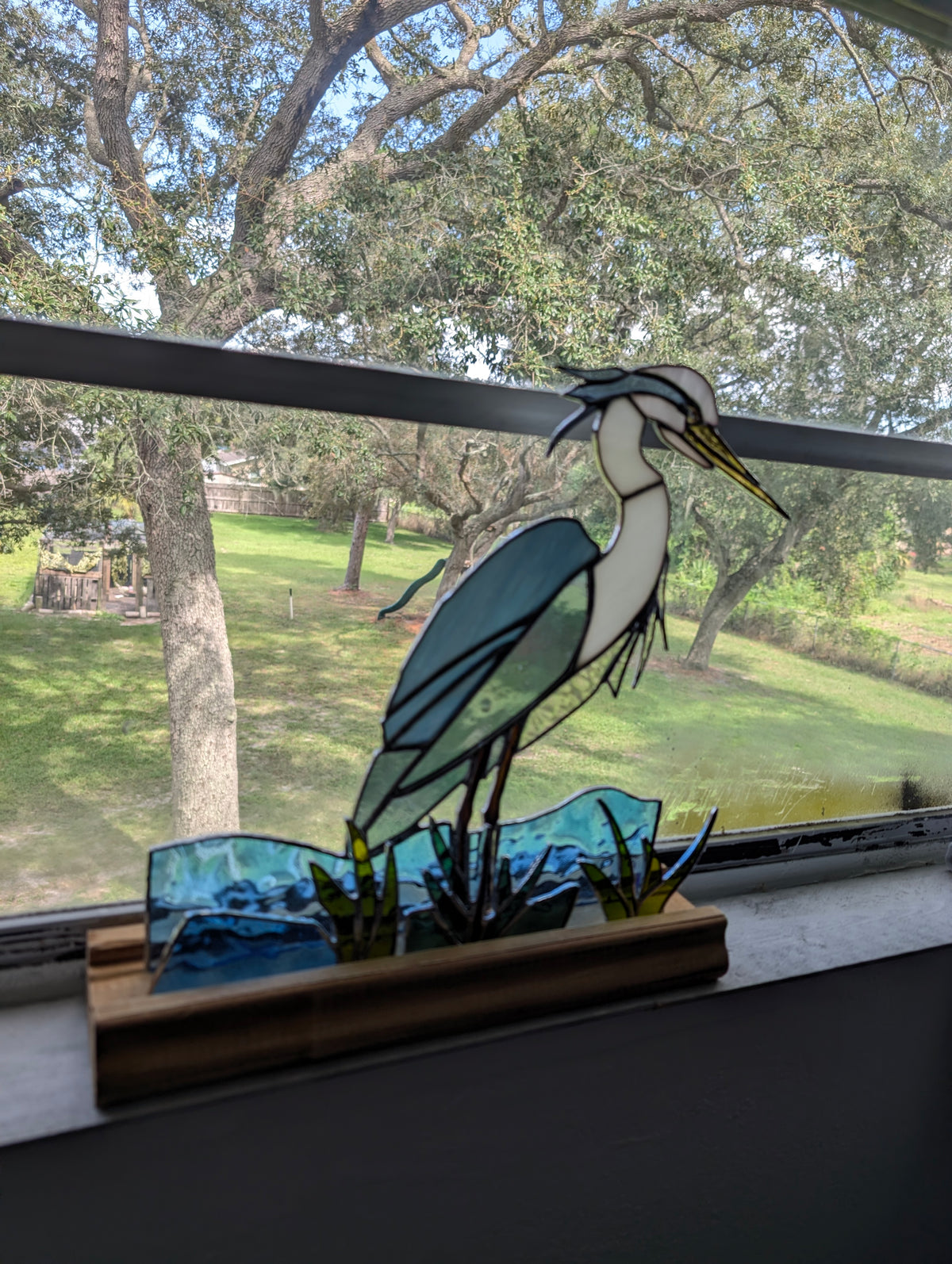 Stained Glass Blue Heron with Marsh and Water, Freestanding 5 piece set