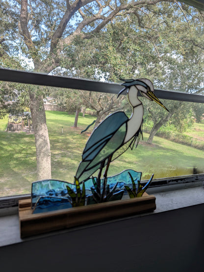 Stained Glass Blue Heron with Marsh and Water, Freestanding 5 piece set